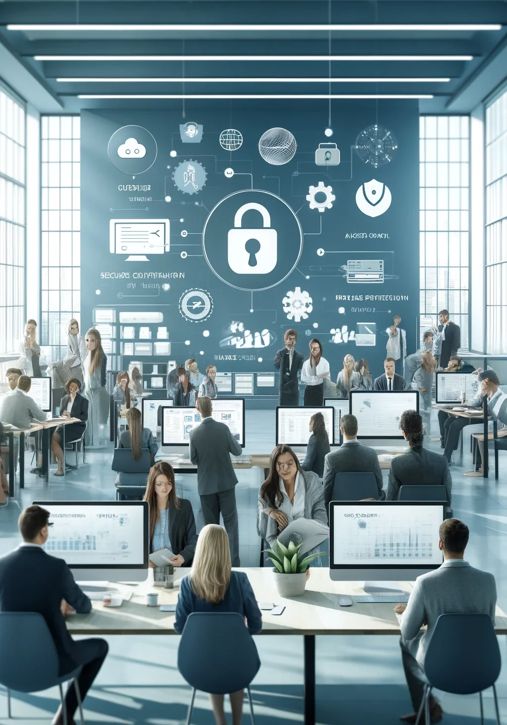 cyber.essentials - A medium-sized business office setting with a diverse group of employees. The atmosphere is informal, friendly, and collaborative. Computer screens in cyber.essentials - A medium-sized business office setting with a diverse group of employees. The atmosphere is informal, friendly, and collaborative. Computer screens.